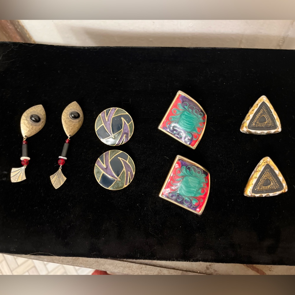 Vintage 1980’s Statement Earrings Lot of 4 Mixed Materials Pierced and Clip-ons